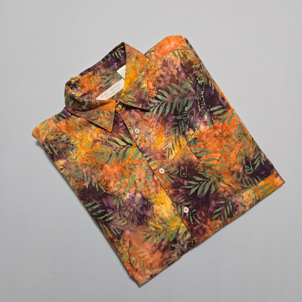 Island Republic Hawaiian Shirt Mens XL Batik Tropical Leaf Print Button Cotton